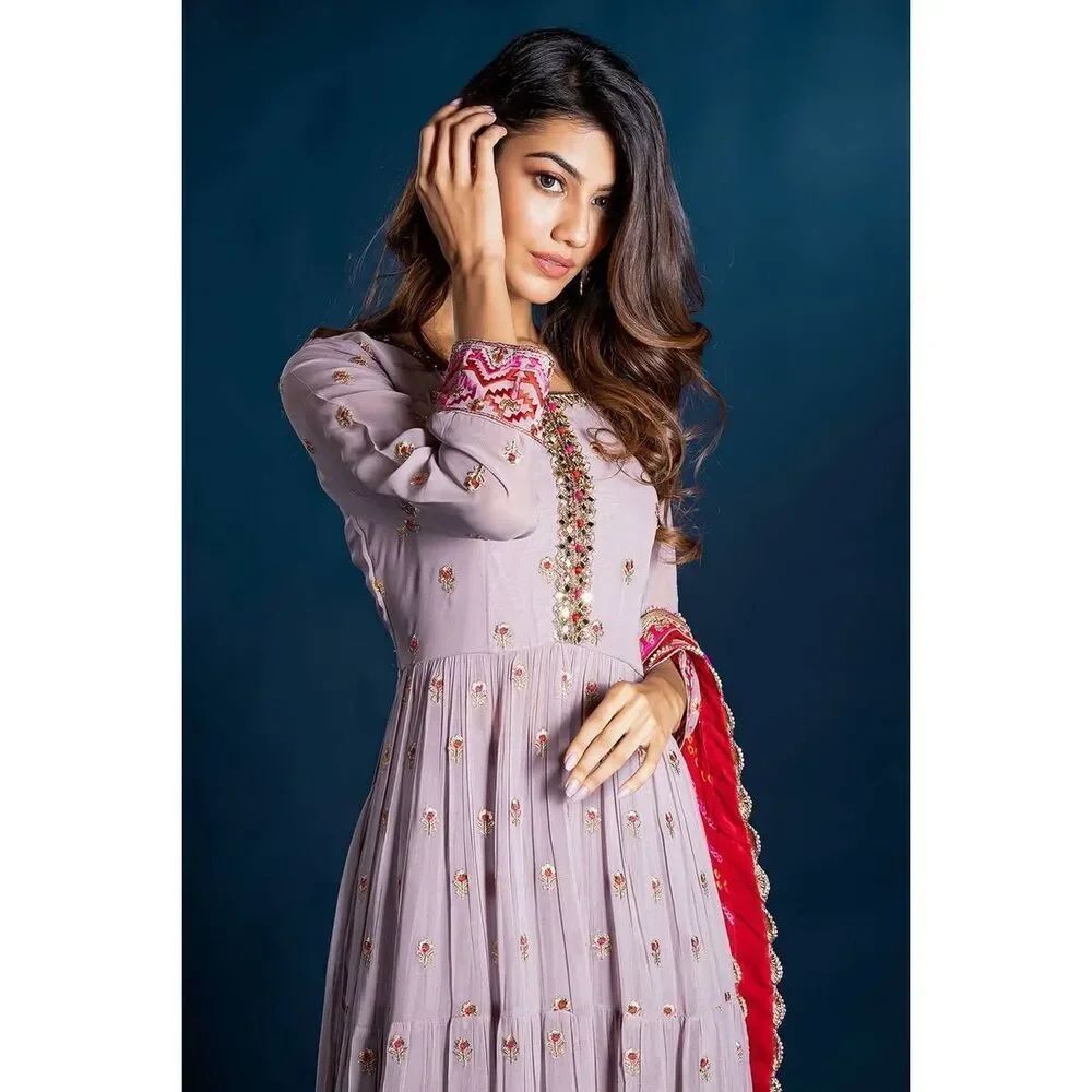 Embellished Grey Lilac Tiered Kurta Long Sleeve Top Size XL Shivali